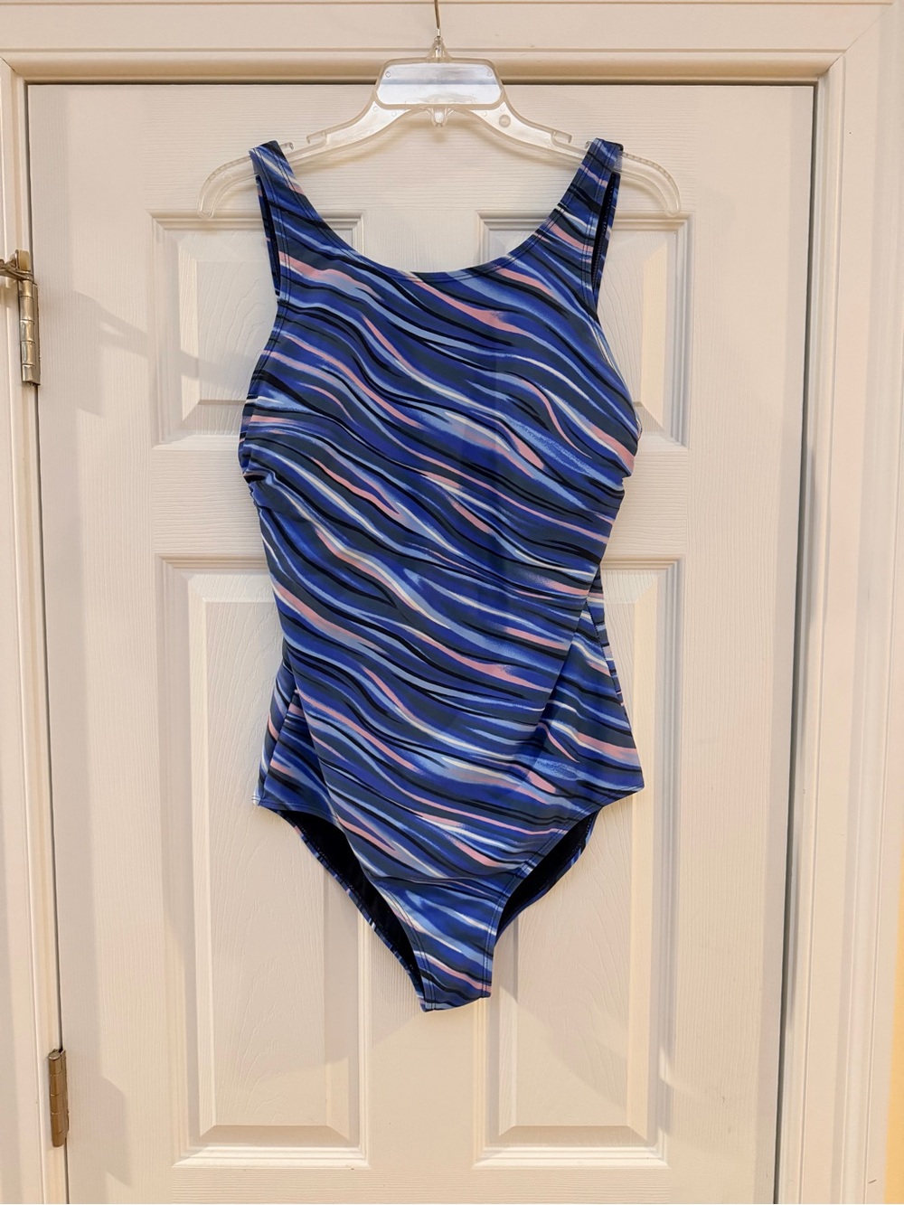 Ladies Size Small-M Blue Wave-Print One-Piece Swimsuit - Classic Scoop Neck GUC